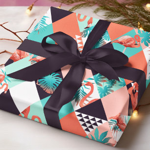Modern Pink Flamingo Geometric Girly Chic Pattern Wrapping Paper