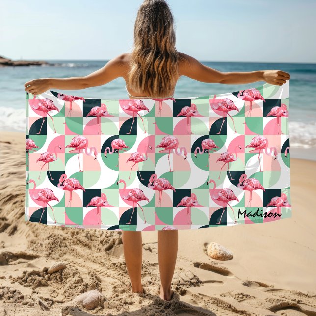 Modern Pink Flamingo Geometric Girly Personalised Beach Towel (Creator Uploaded)