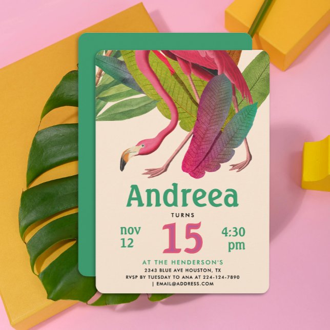 Modern Pink Flamingo Green Tropical Summer Leaves Invitation (Creator Uploaded)