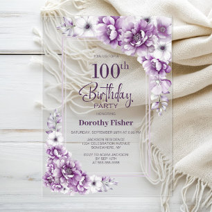Modern Pink Floral 100th Birthday Party Acrylic Invitations