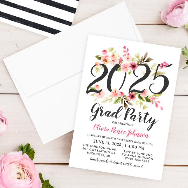 Modern Pink Floral 2025 Grad Party Graduation Invitation (Creator Uploaded)