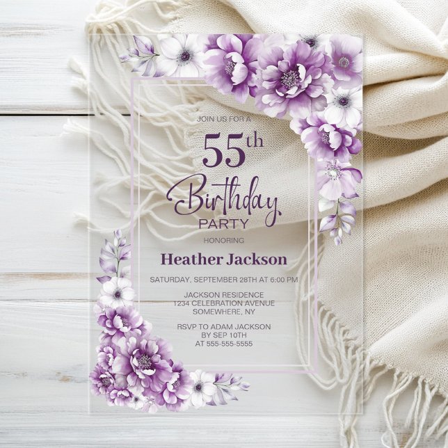 Modern Pink Floral 55th Birthday Party Acrylic Invitations (Creator Uploaded)