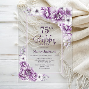 Modern Pink Floral 75th Birthday Party Acrylic Invitations