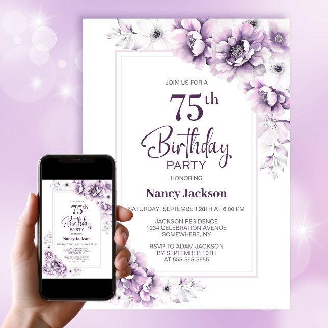 Modern Pink Floral 75th Birthday Party Invitation (Creator Uploaded)