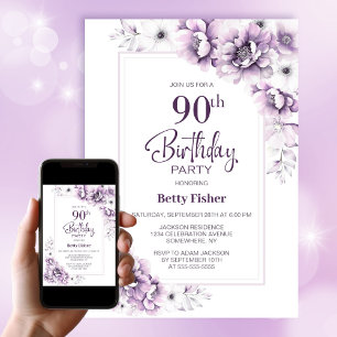 Modern Pink Floral 90th Birthday Party Invitation