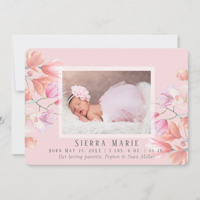 Modern Pink Floral Baby Girl Photo Birth Announcement (Front)