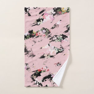 Modern Pink Floral Black Watercolor Brushstrokes Hand Towel