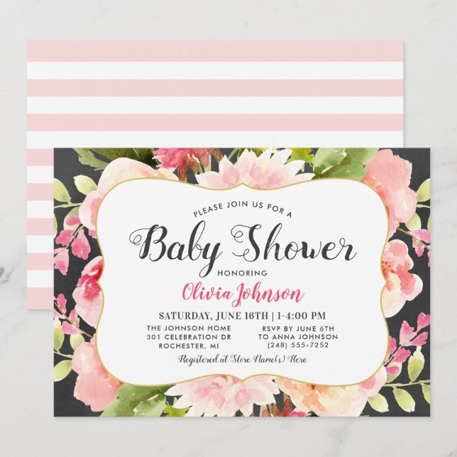 Modern Pink Floral Border Baby Girl Shower Invitation (Front/Back)