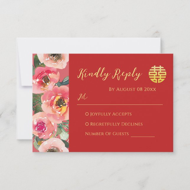 Modern pink floral border chinese wedding RSVP card (Front)