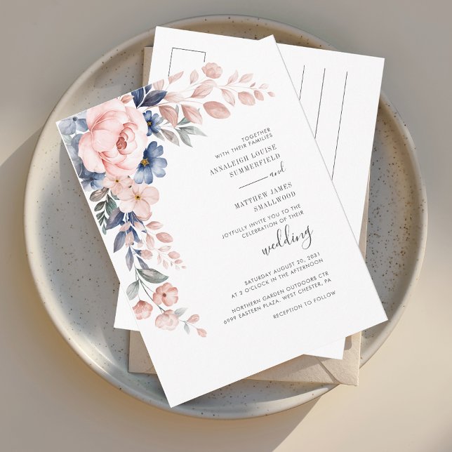 Modern Pink Floral Botanical Bloom Wedding Invitation Postcard (Blush Pink Floral Watercolor Script Wedding Invitation Postcard)