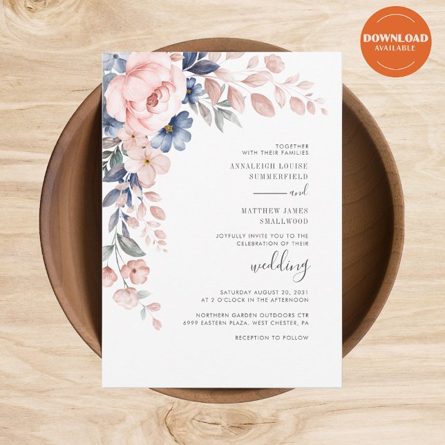 Modern Pink Floral Botanical Wedding Invitation (Blush Pink Floral Watercolor Wedding Invitation)