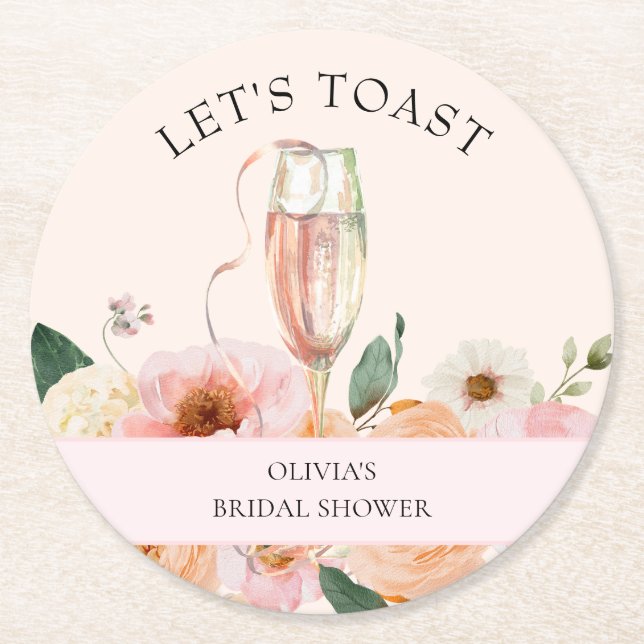 Modern Pink Floral Champagne Bridal Shower Round Paper Coaster (Front)