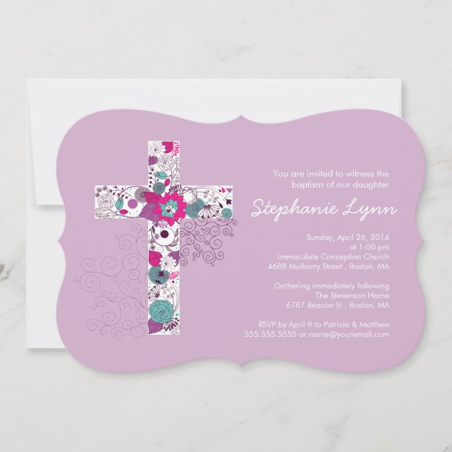Modern Pink Floral Cross Girls Baptism Invitation (Front)
