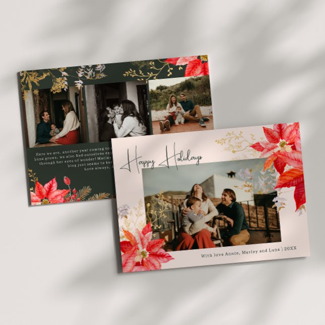 Modern Pink Floral Four Photo Happy Holiday Card (Creator Uploaded)