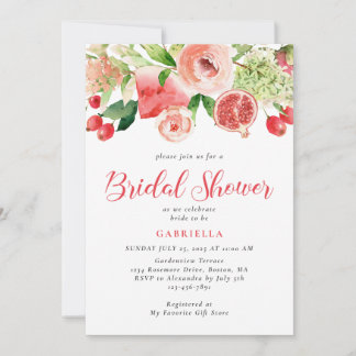 Modern Pink Floral Fruit Watercolor Bridal Shower Invitation