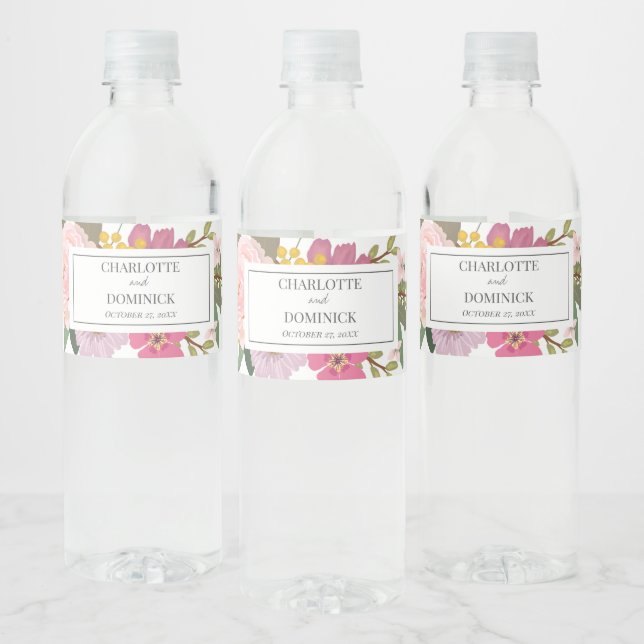 Modern Pink Floral Garden Spring Wedding Favours   Water Bottle Label (Bottles)