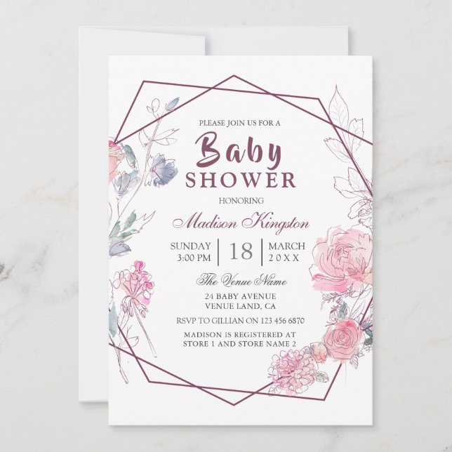 Modern Pink Floral Geometric Baby Shower Invitation (Front)