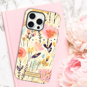 Modern Pink Floral Glitter Chic Personalised Name iPhone 15 Pro Max Case