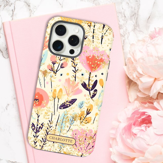 Modern Pink Floral Glitter Chic Personalised Name iPhone Case (Creator Uploaded)