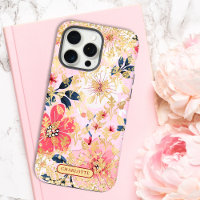 Modern Pink Floral Glitter Chic Personalised Name