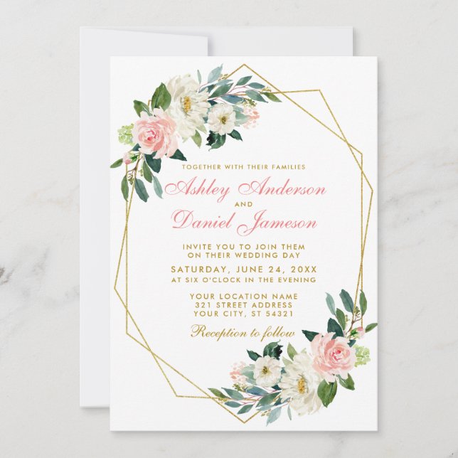 Modern Pink Floral Gold Geometric Frame Wedding Invitation (Front)