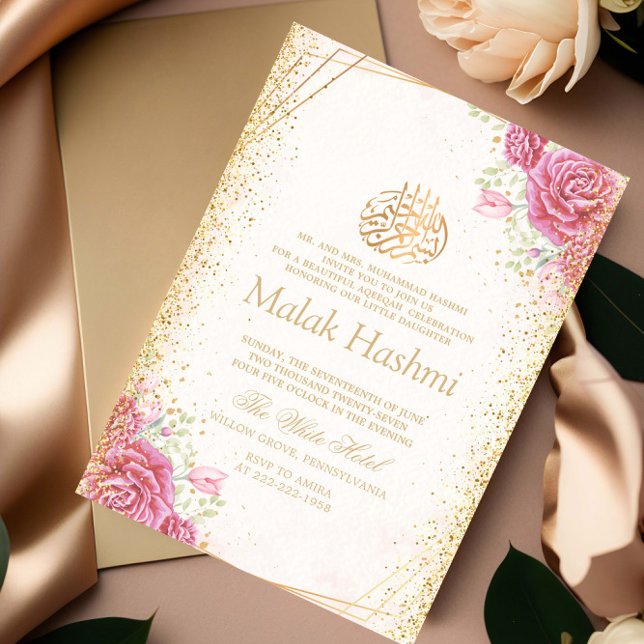 Modern Pink Floral Gold Islamic Aqiqa Aqeeqa Baby Invitation (Creator Uploaded)