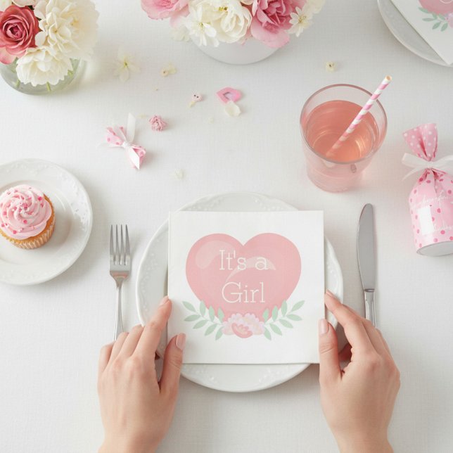 Modern Pink Floral Heart It's A Girl Baby Shower Napkin (Creator Uploaded)