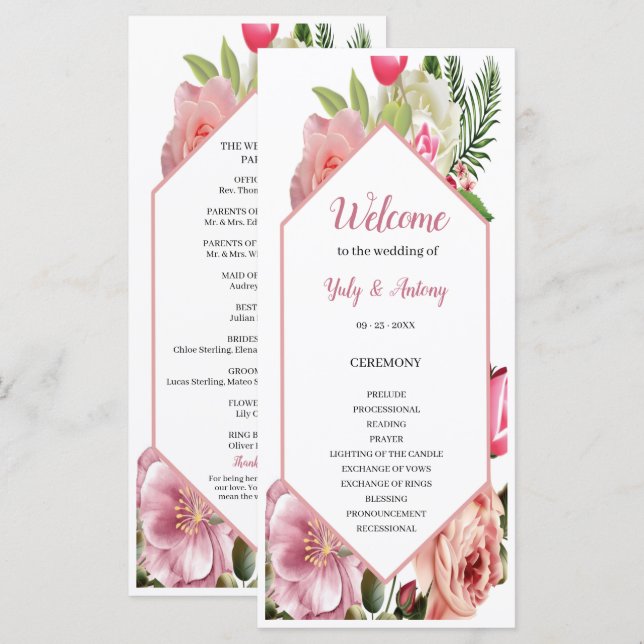 Modern Pink Floral Hexagon Ceremony Schedule (Front/Back)