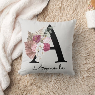 Modern Pink Floral Initial A Cushion