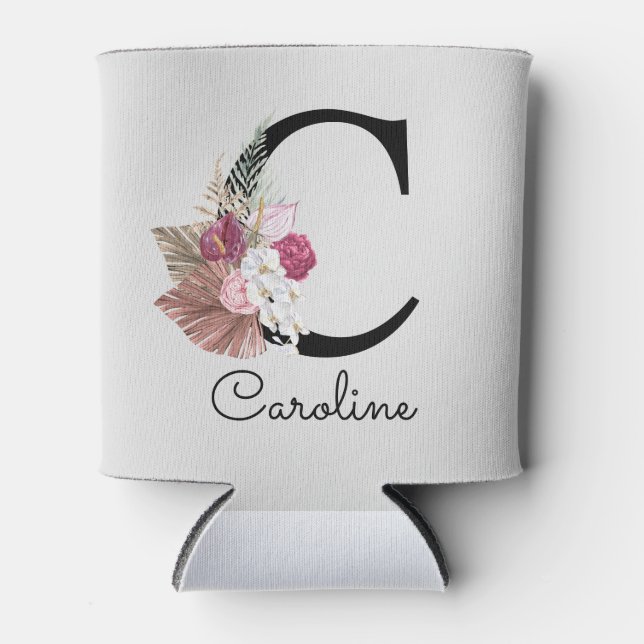 Modern Pink Floral Initial C Can Cooler (Front)