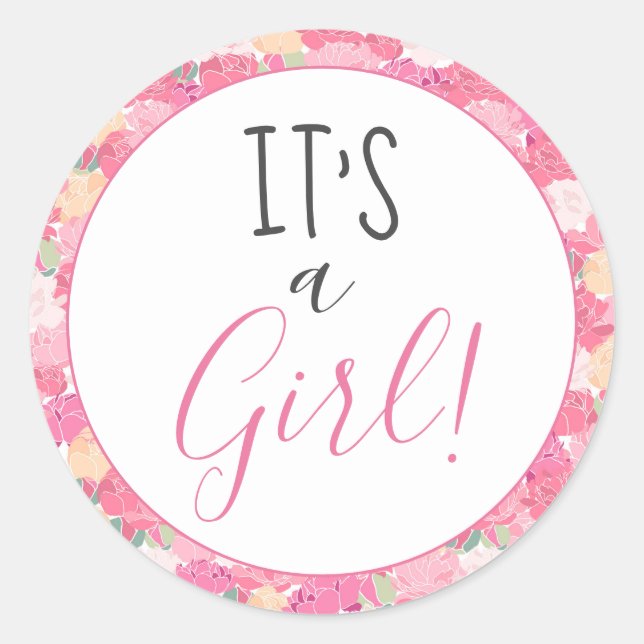 Modern Pink Floral It's a Girl! Baby Sprinkle Classic Round Sticker (Front)