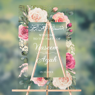 Modern Pink Floral Muslim Islamic Welcome Acrylic Sign