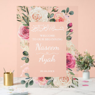 Modern Pink Floral Muslim Islamic Welcome Entrance Acrylic Sign
