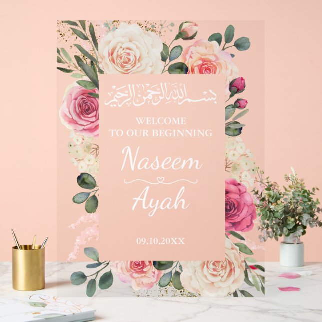 Modern Pink Floral Muslim Islamic Welcome Entrance Acrylic Sign (Wedding)
