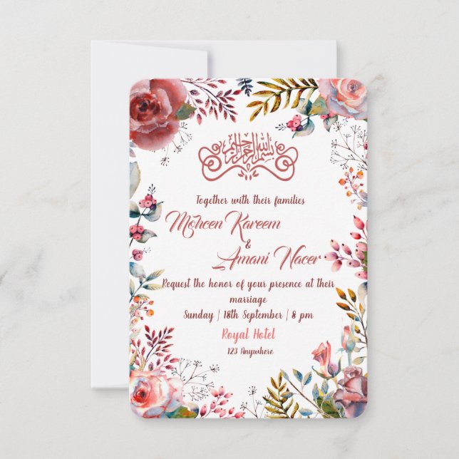 Modern Pink Floral Muslim Wedding Invitation (Front)