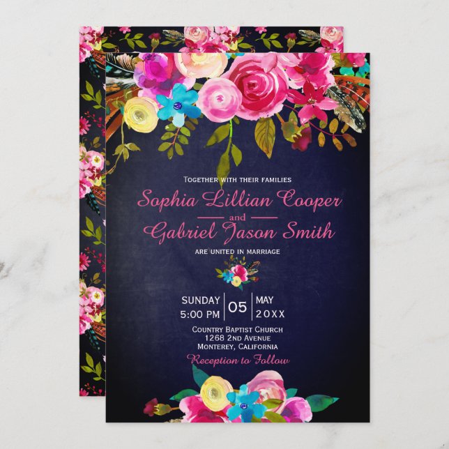 Modern Pink Floral Navy Blue Typography Wedding Invitation (Front/Back)