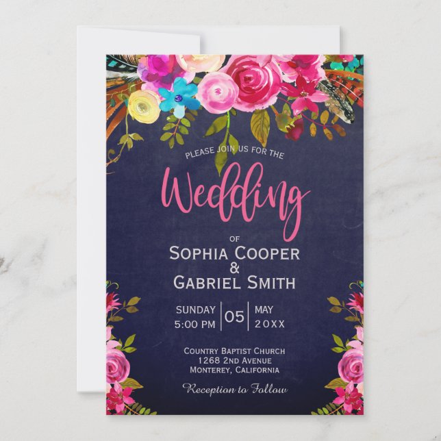 Modern Pink Floral Navy Blue Typography Wedding Invitation (Front)