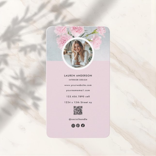  Modern Pink Floral Photo & QR Code Business Card (Creator Uploaded)