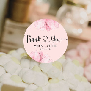Modern Pink Floral Romance Thank You wedding  Classic Round Sticker