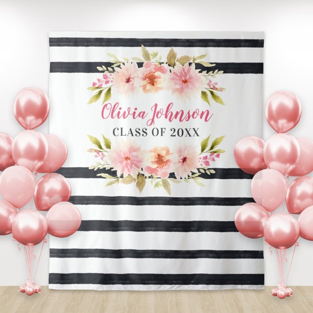Modern Pink Floral Stripes Graduation Backdrop Tapestry (Creator Uploaded)