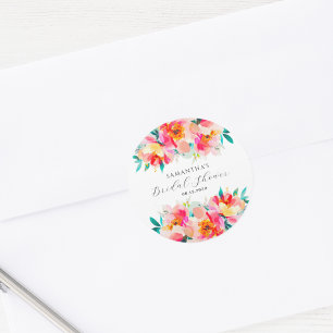 Modern Pink Floral Watercolor Bridal Shower  Classic Round Sticker