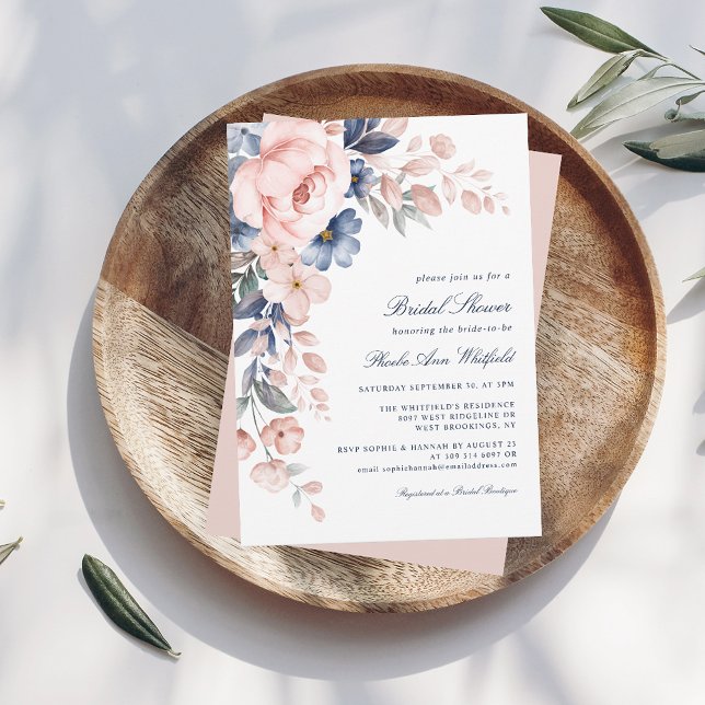 Modern Pink Floral Watercolor Script Bridal Shower Invitation (Pink Floral Watercolor Script Nature Bridal Shower Invitation)