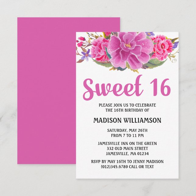 Modern Pink Floral Watercolor Sweet 16 Birthday Invitation (Front/Back)