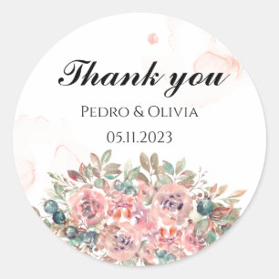 Modern pink floral wedding  classic round sticker