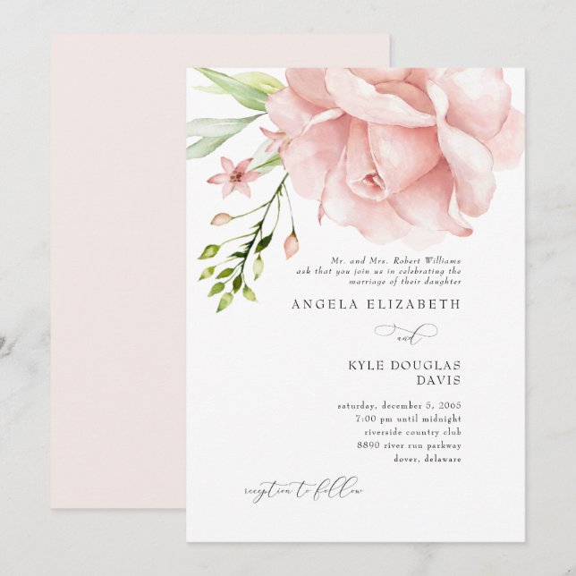 Modern Pink Floral Wedding Invitation (Front/Back)