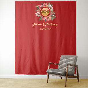 Modern pink floral wreath chinese wedding backdrop tapestry