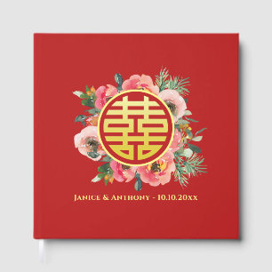 Modern pink floral wreath chinese wedding guest book