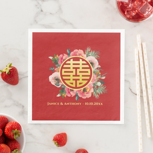 Modern pink floral wreath chinese wedding napkin (Insitu)