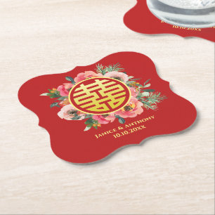 Modern pink floral wreath chinese wedding paper coaster