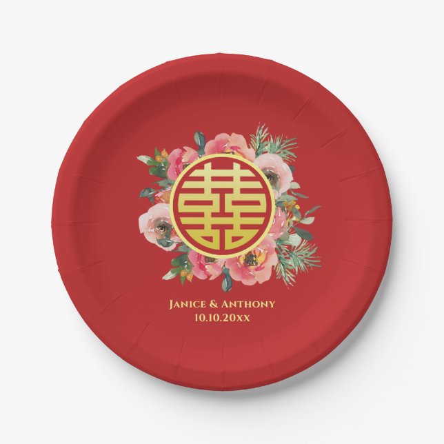 Modern pink floral wreath chinese wedding paper plate (Front)